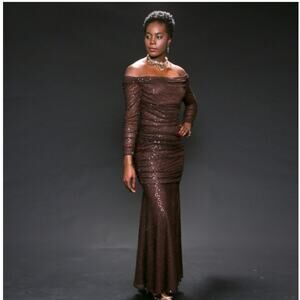 Tadashi Shoji Gown Womens Size M Ruched All Over Sequin Sheer Long Sleeves Lined